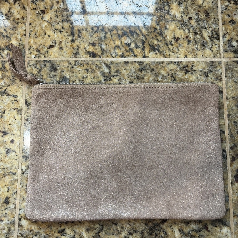 Monserat De Lucca Taupe Glitter Suede Leather Clutch/Zippered/Pouch purse